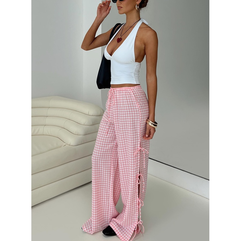 Villa Donna Bow Pants Pink Check