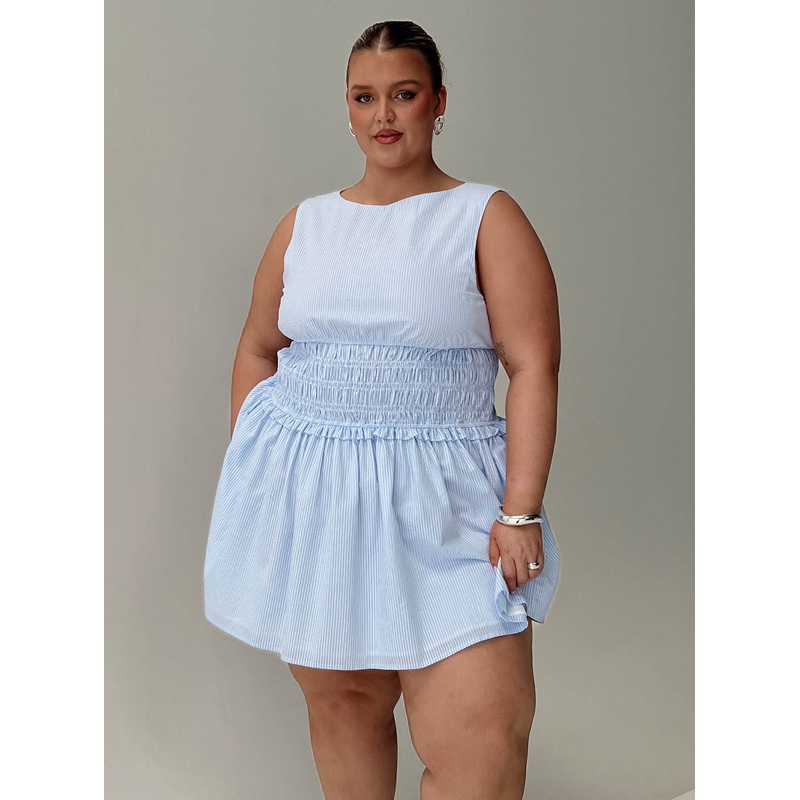 Yennifer Shirred Mini Dress Blue / White Curve