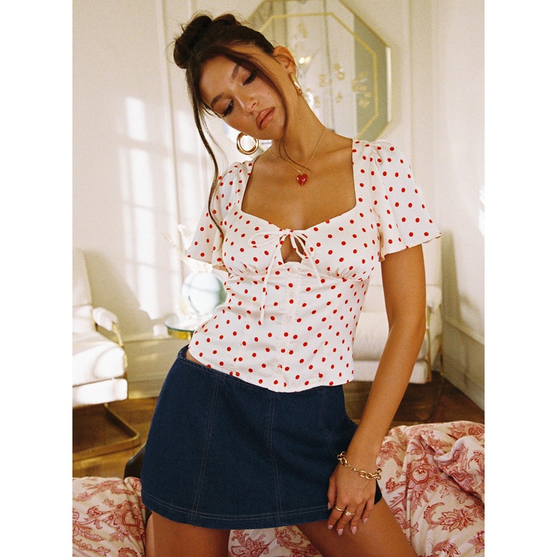 Adrienna Flutter Blouse White / Red