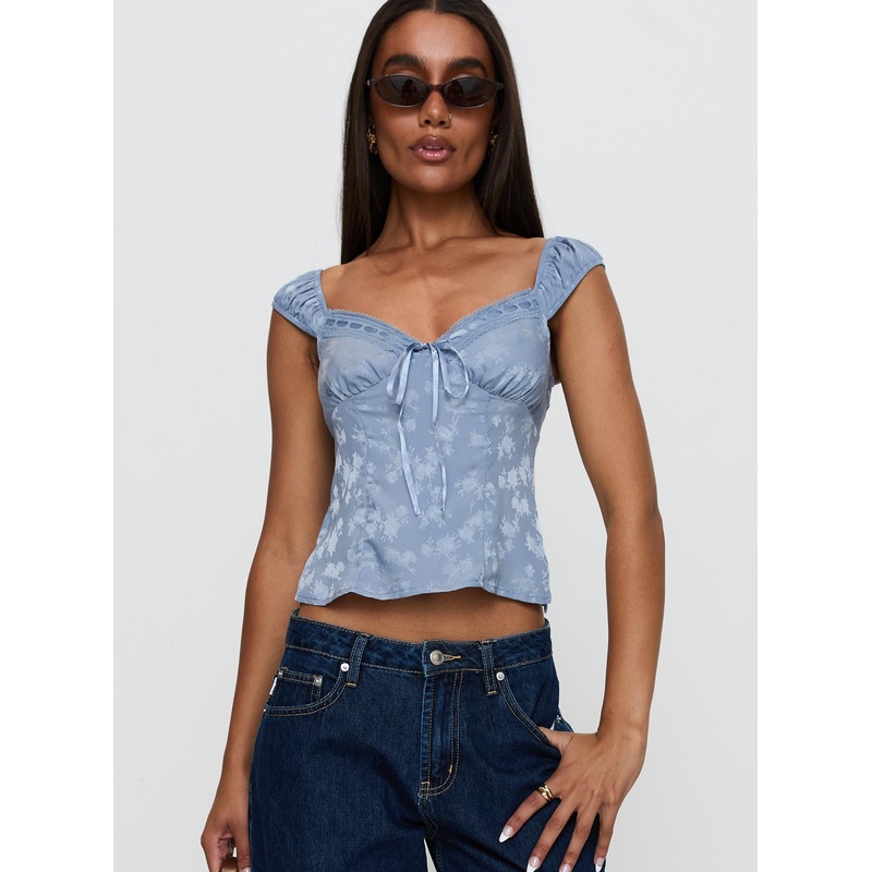 Branwen Cap Sleeve Tie Detail Top Blue Floral