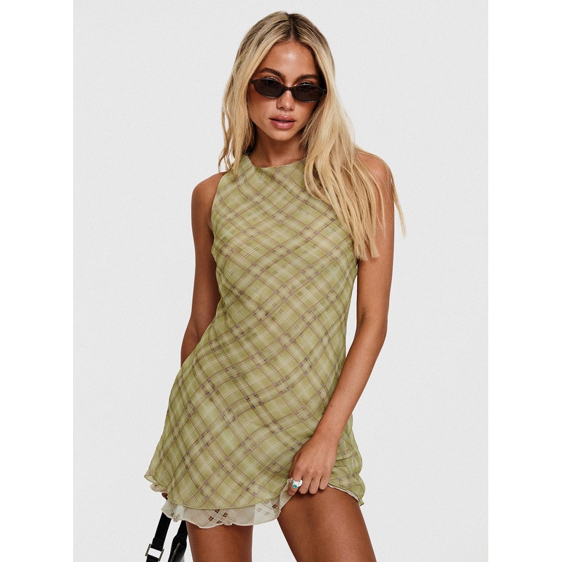 Buffie Shoulder Mini Dress Green Check