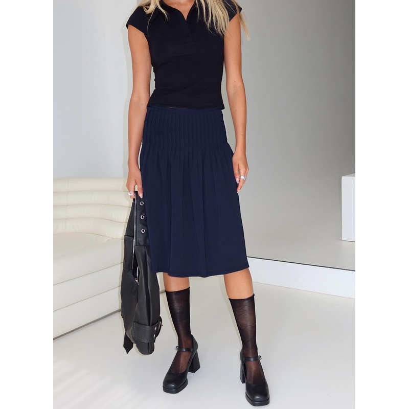 Elaila Pleat Midi Skirt Navy