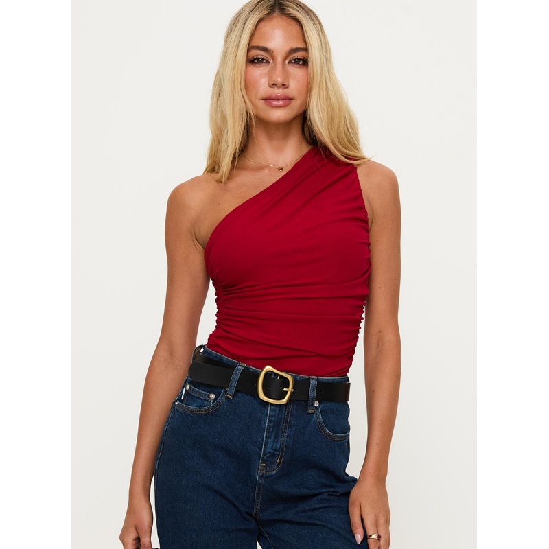 Heston Asymmetrical Ruched Bodysuit Red