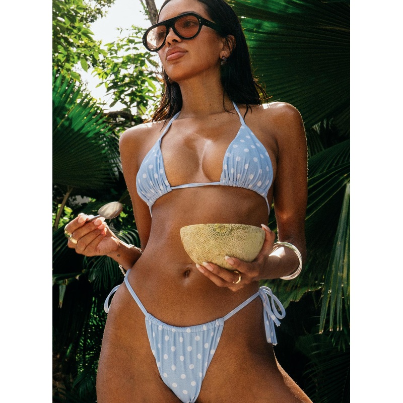Jenner Tie Side Ruched Bikini Bottom Blue / Polka Dot