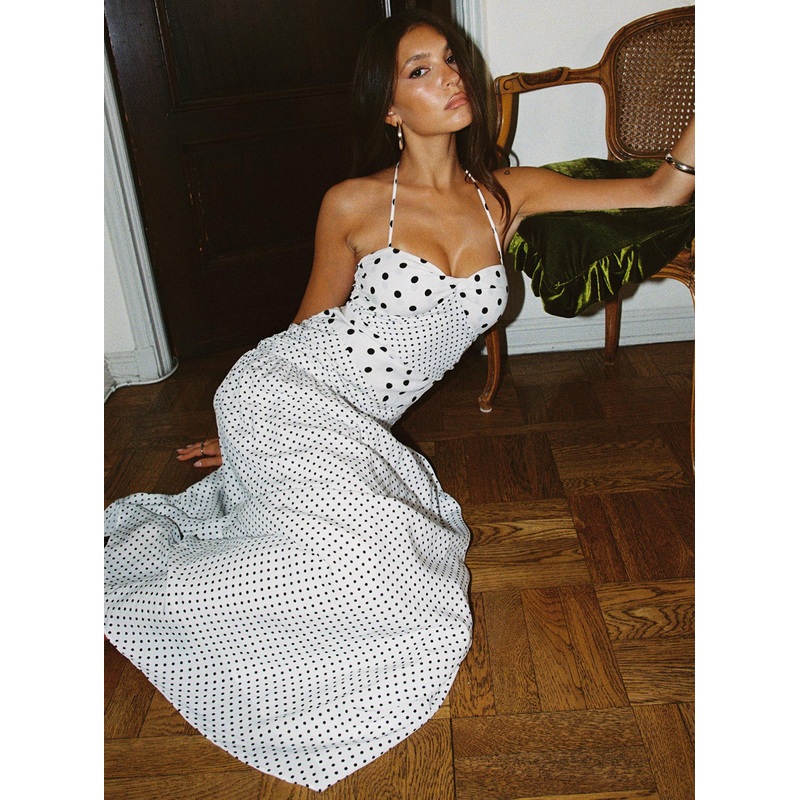 Marguerite Halter Maxi Dress White Polka
