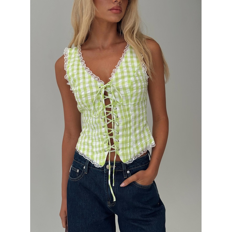 Wayland Tie Up Lace Trim Top Green Check