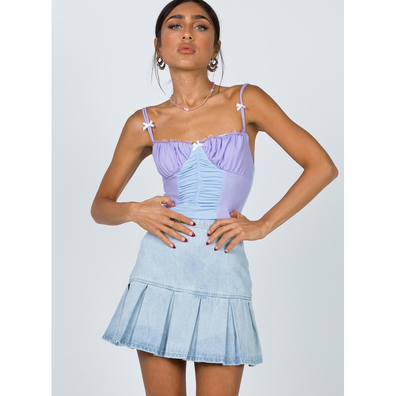 Rescue Me Pleat Mini Skirt Light Wash Denim