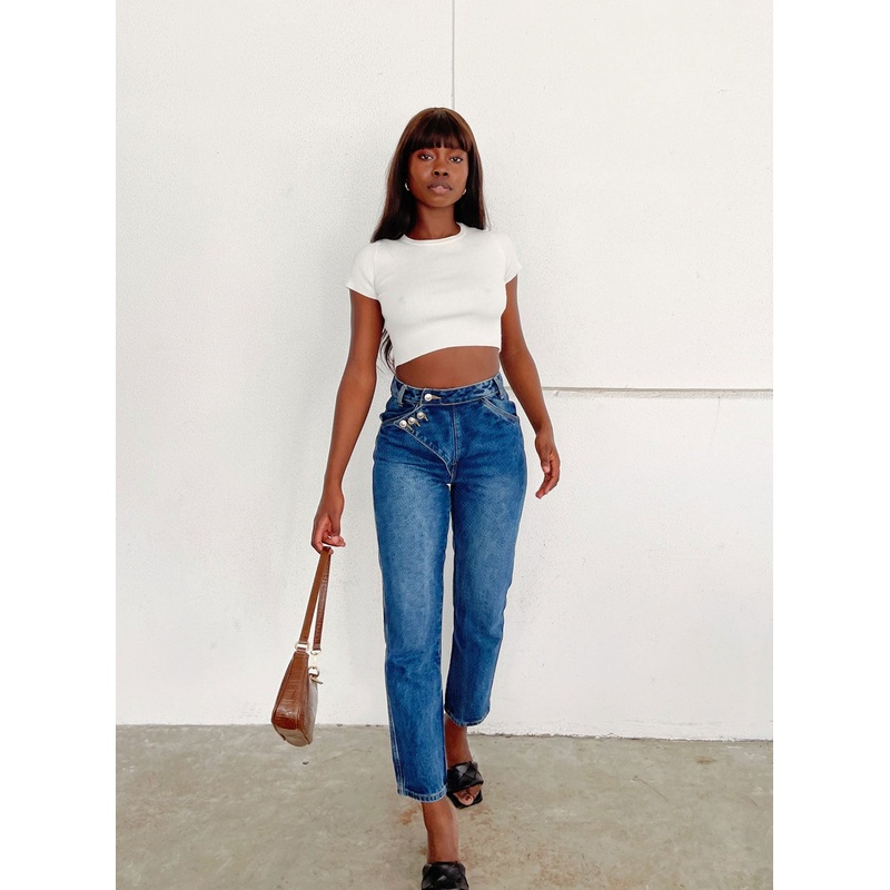 Asymmetric Exposed Button Fly Mid Wash Mom Jeans