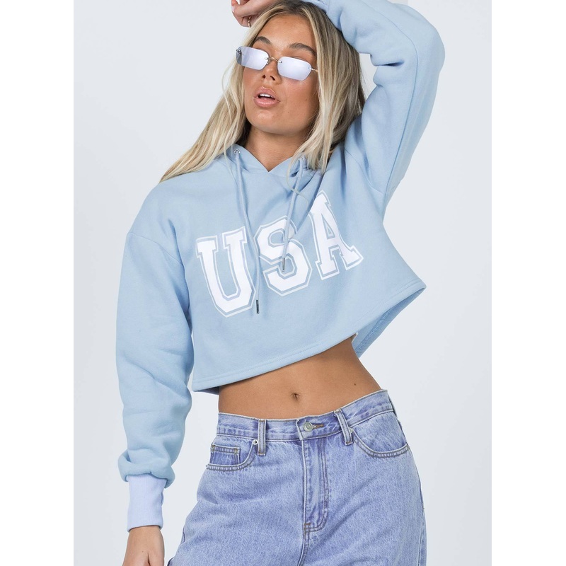 USA Cropped Hoodie Blue