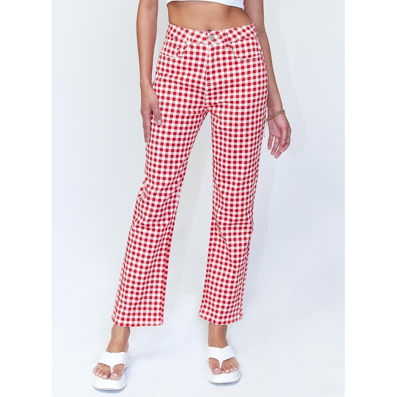 Kendra Gingham Denim Jeans Red