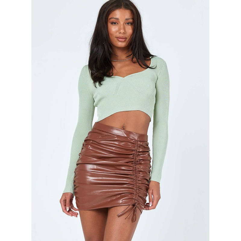 Davis Ruched PU Mini Skirt Brown