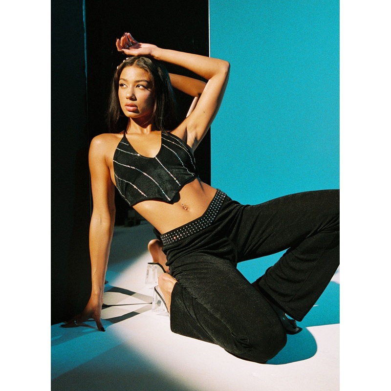 Motel Tarava Trouser Crepe Hotfix Diamante Black