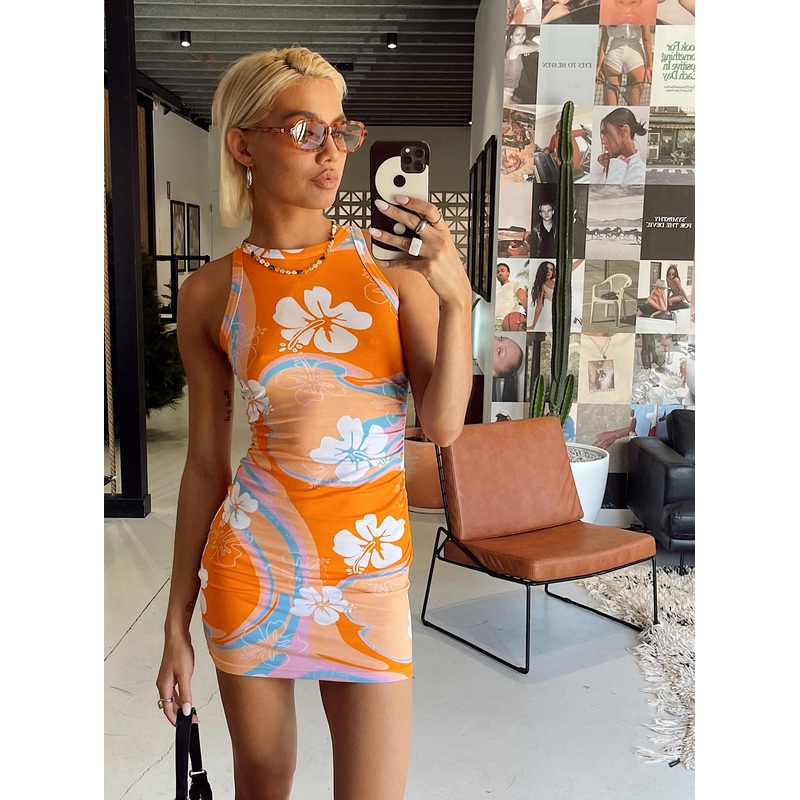 Alexanda Hibiscus Mini Dress Orange Multi