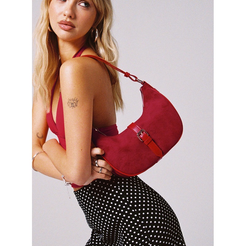 Jaxton Buckle Faux Suede Shoulder Bag Red