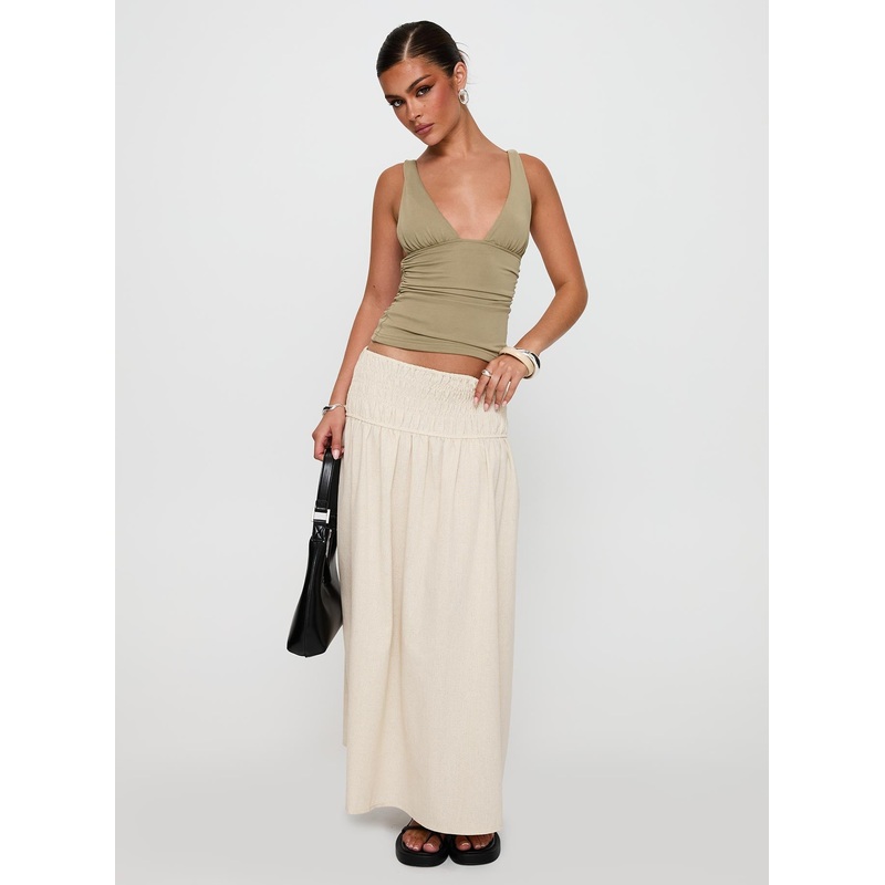 Small Towns Shirred Midi Skirt Beige