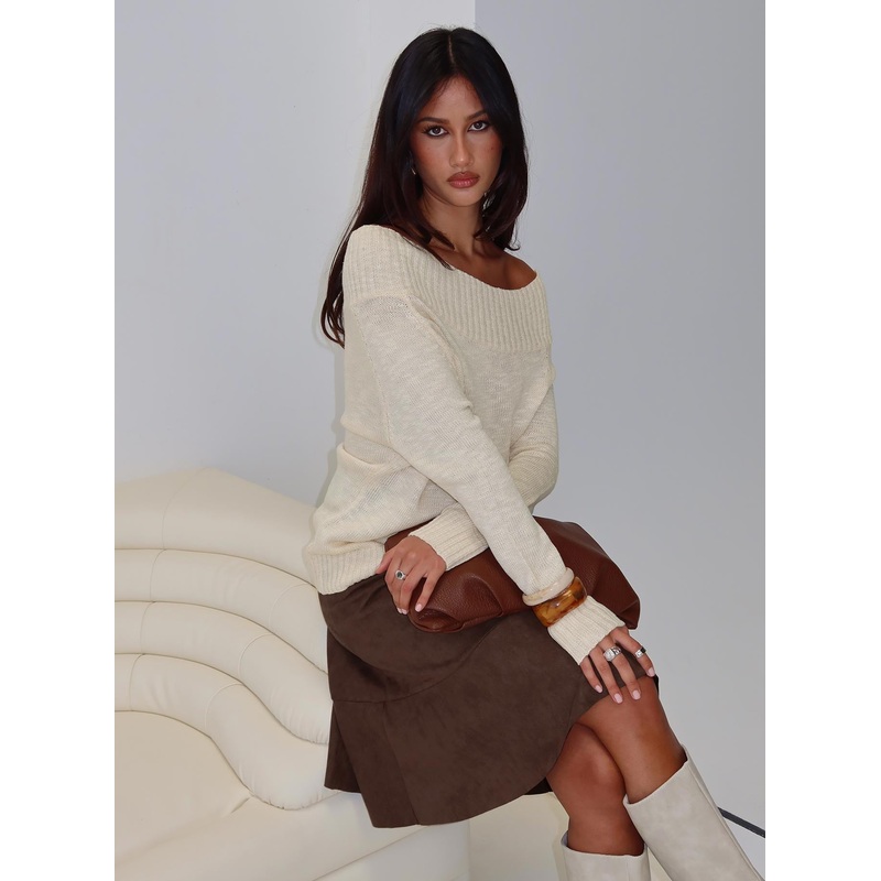 Alyxandra Off Shoulder Knit Sweater Beige
