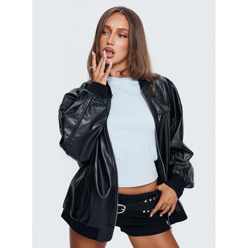 Believe It Faux Leather Bomber Jacket Black