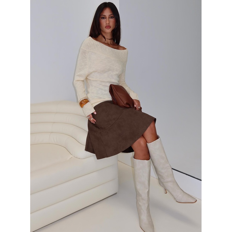 Grimaud Faux Suede Midi Skirt Brown