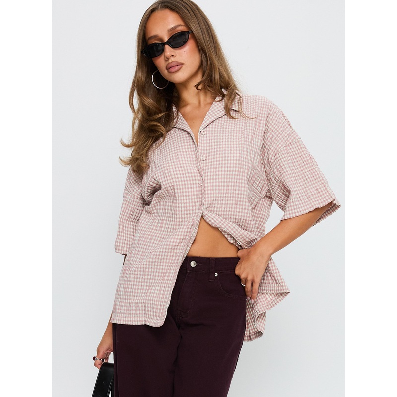 Soft Side Oversized Button Up Top Pink Check