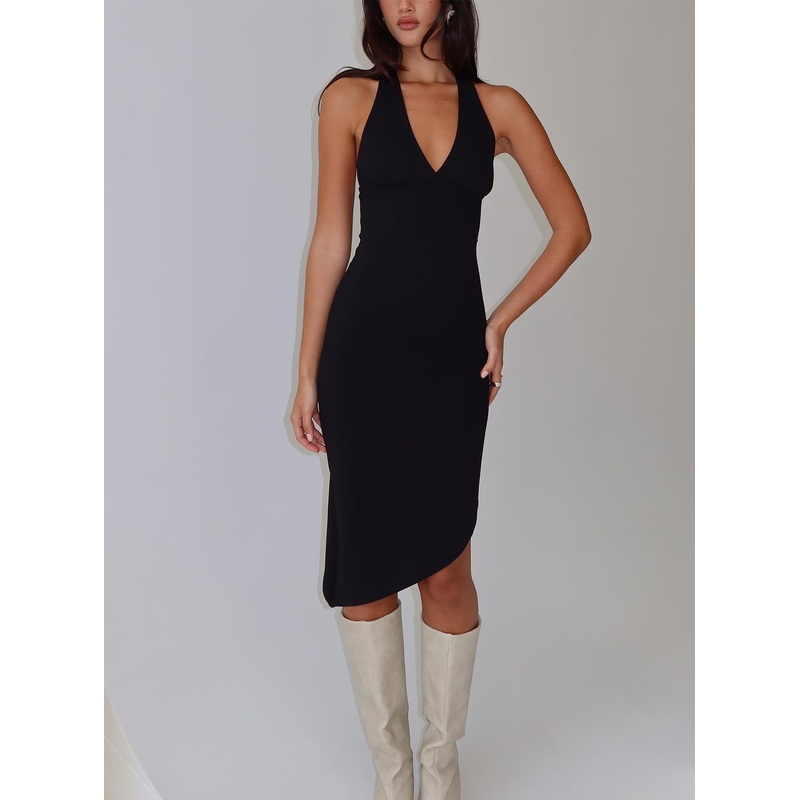 Whimsy Asymmetrical Midi Dress Black